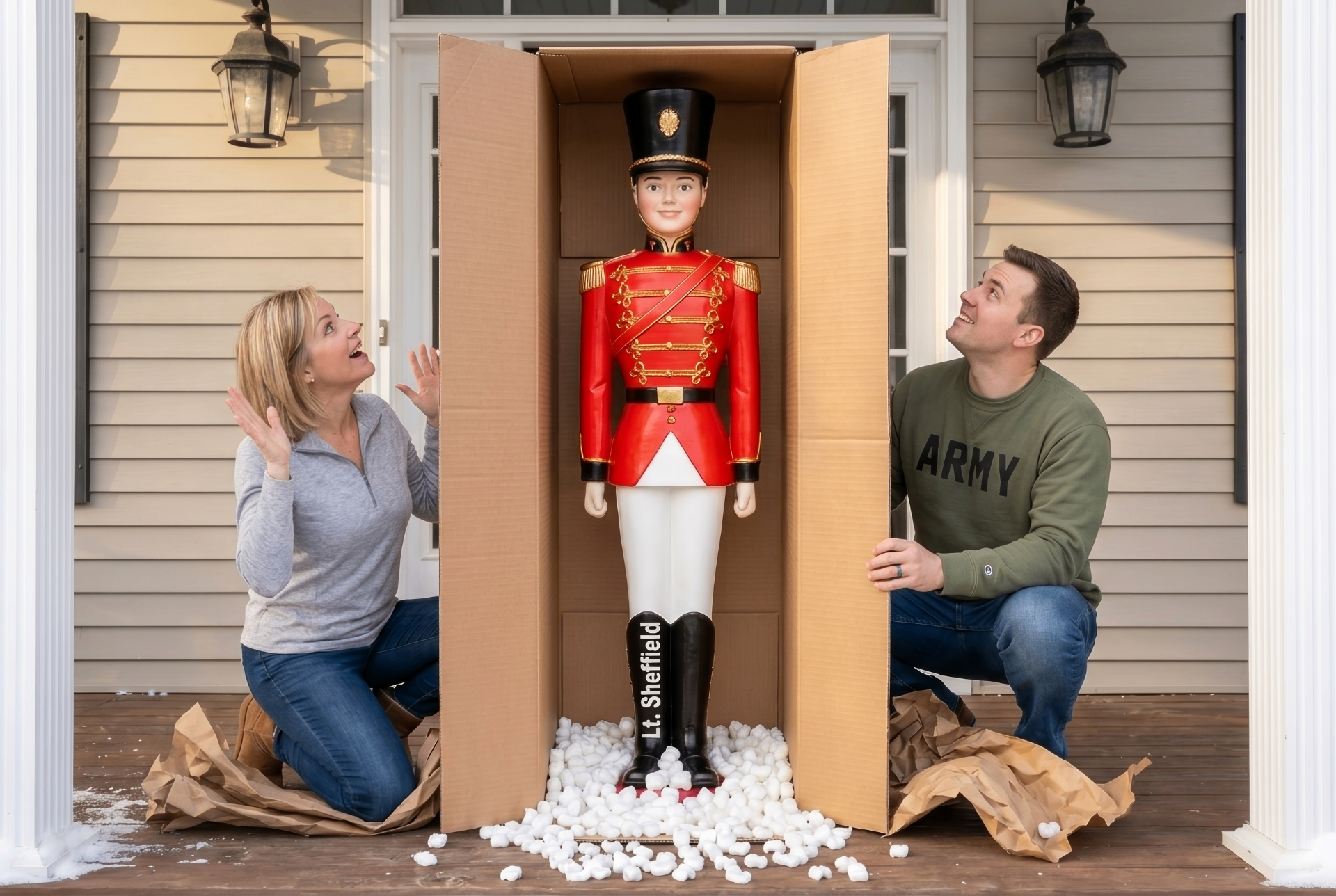 Family unboxing their Toy Soldier ornament on their front porch after Christmas